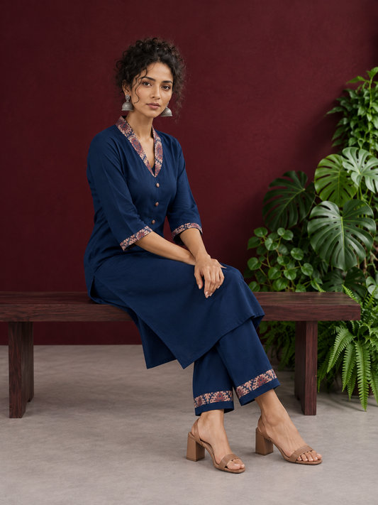 Elegant Teal Blue Rayon kurta with Contrast Kalamkari Printed Collar and Cuffs — seated