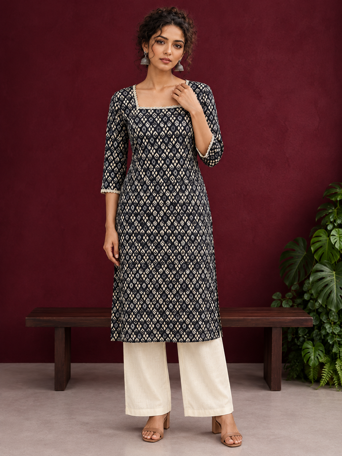 Elegant Black Printed Kurta with Beige Crochet Lace Square Neckline & Sleeves Trims | Optional Pant