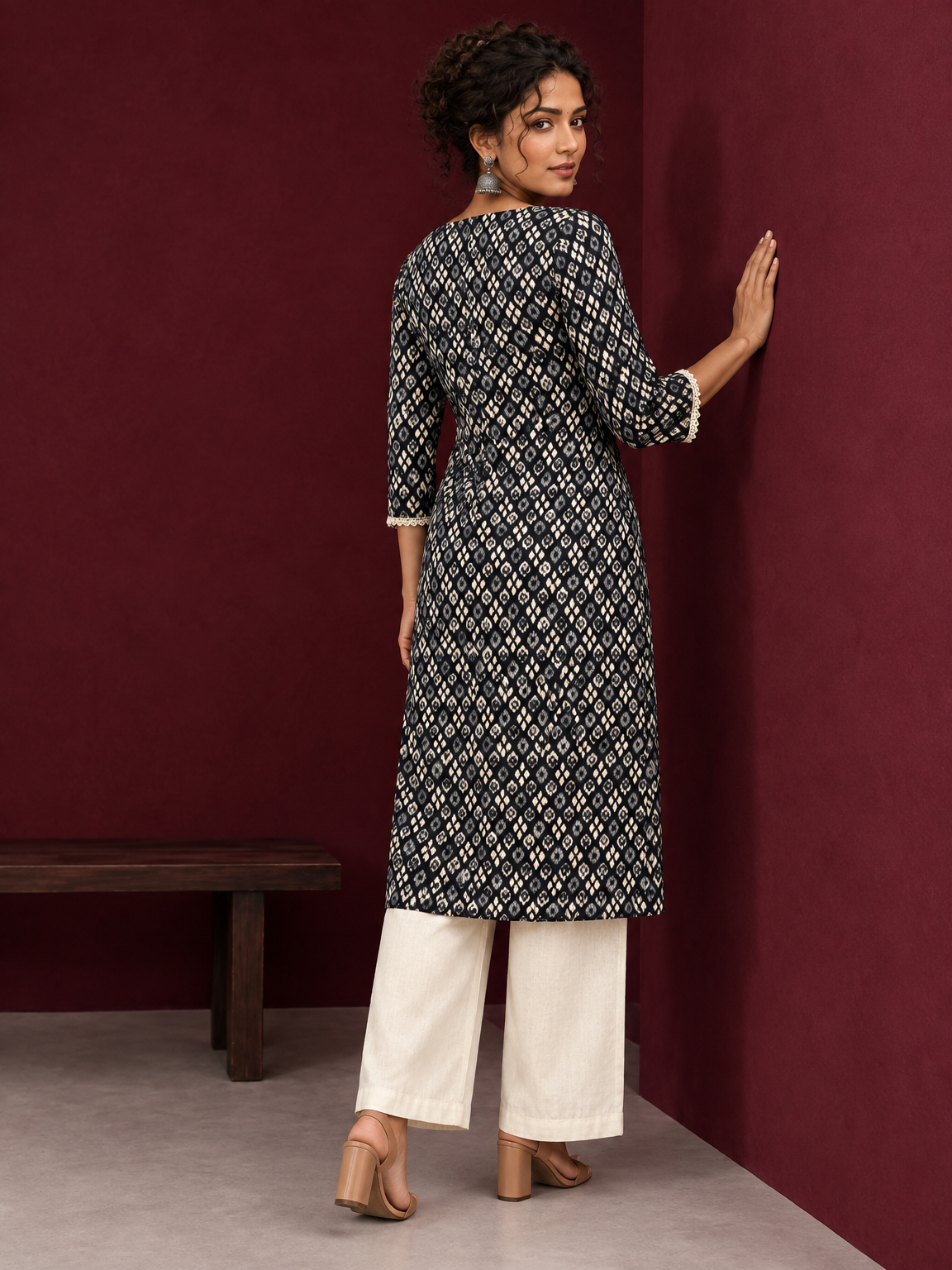 Elegant Black Printed Kurta with Beige Crochet Lace Square Neckline & Sleeves Trims — back view — view 2