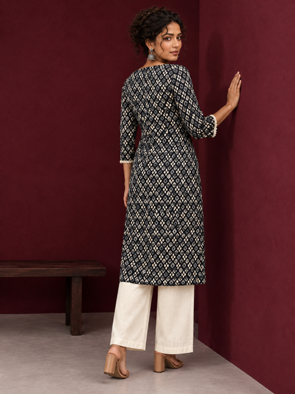 Elegant Black Printed Kurta with Beige Crochet Lace Square Neckline & Sleeves Trims — back view
