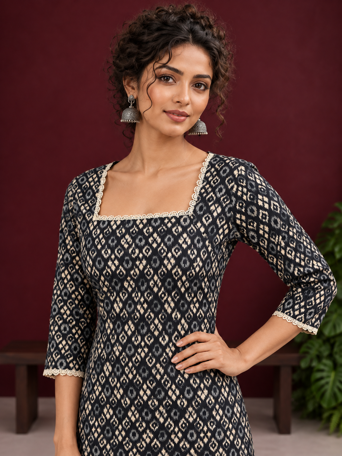 Elegant Black Printed Kurta with Beige Crochet Lace Square Neckline & Sleeves Trims — styled view — view 3