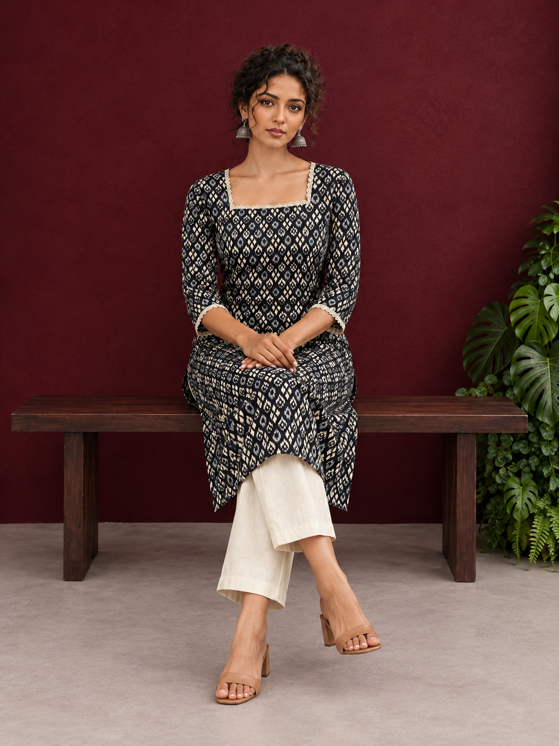 Elegant Black Printed Kurta with Beige Crochet Lace Square Neckline & Sleeves Trims — seated — view 5