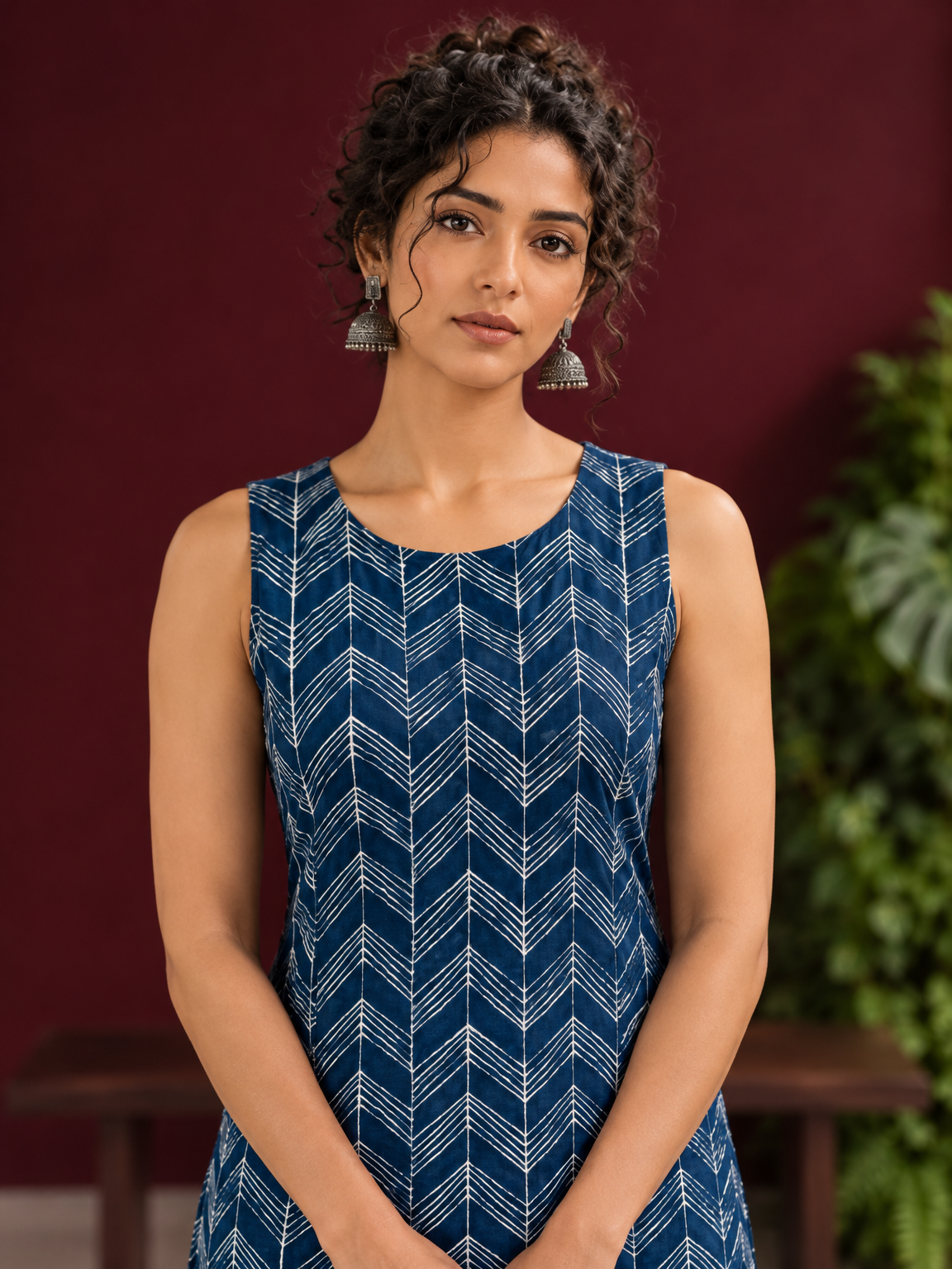 Blue Rayon Kurta with Hand-Drawn Chevron Stripe Print & Round Neckline — fabric detail — view 4