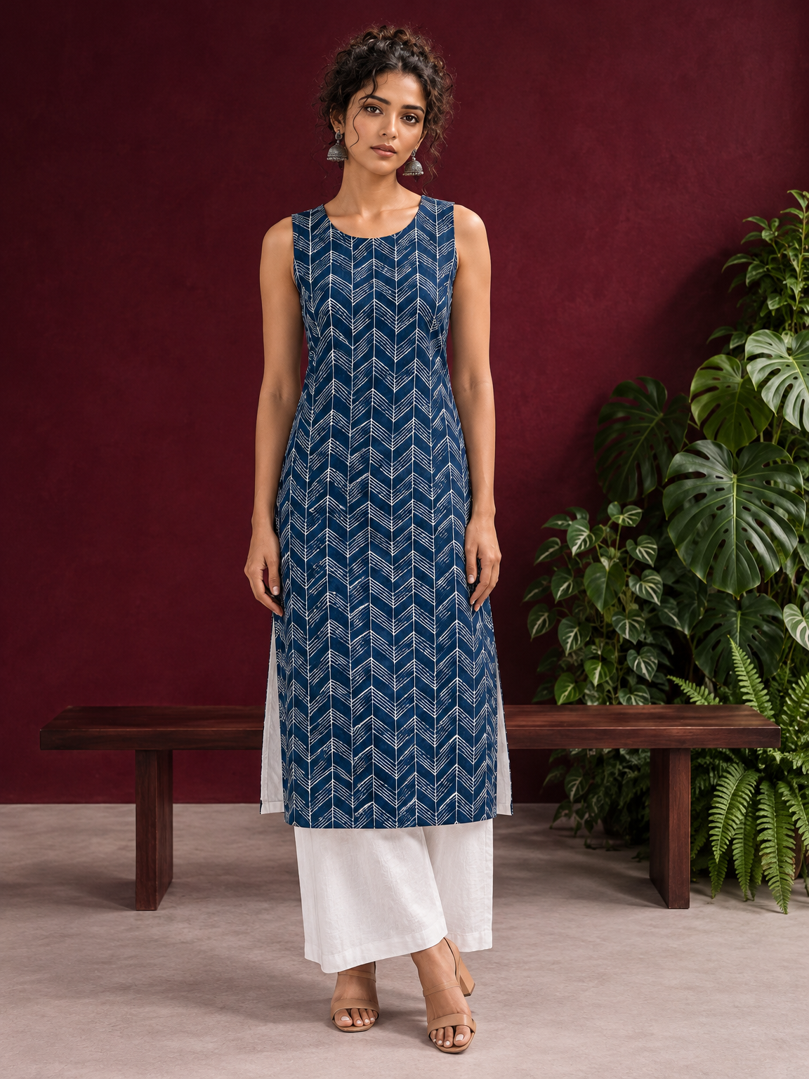 Blue Rayon Kurta with Hand-Drawn Chevron Stripe Print & Round Neckline — front view