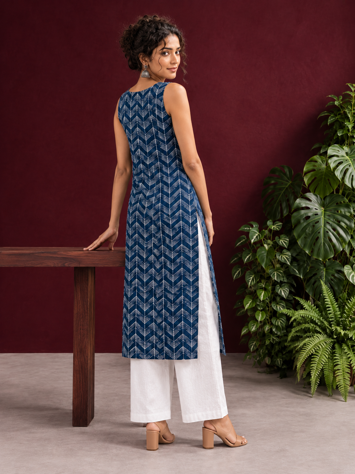Blue Rayon Kurta with Hand-Drawn Chevron Stripe Print & Round Neckline — back view — view 3