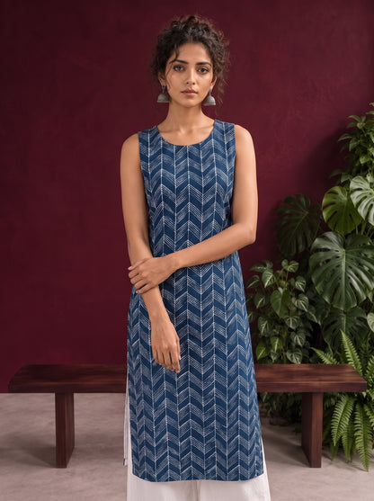 Blue Rayon Kurta with Hand-Drawn Chevron Stripe Print & Round Neckline — styled view