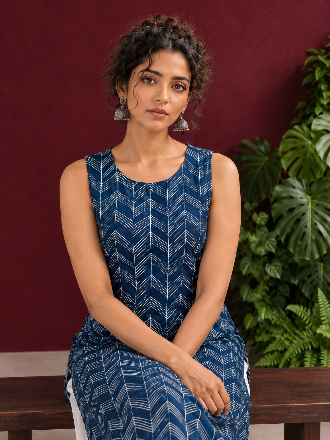 Blue Rayon Kurta with Hand-Drawn Chevron Stripe Print & Round Neckline — seated detail — view 5