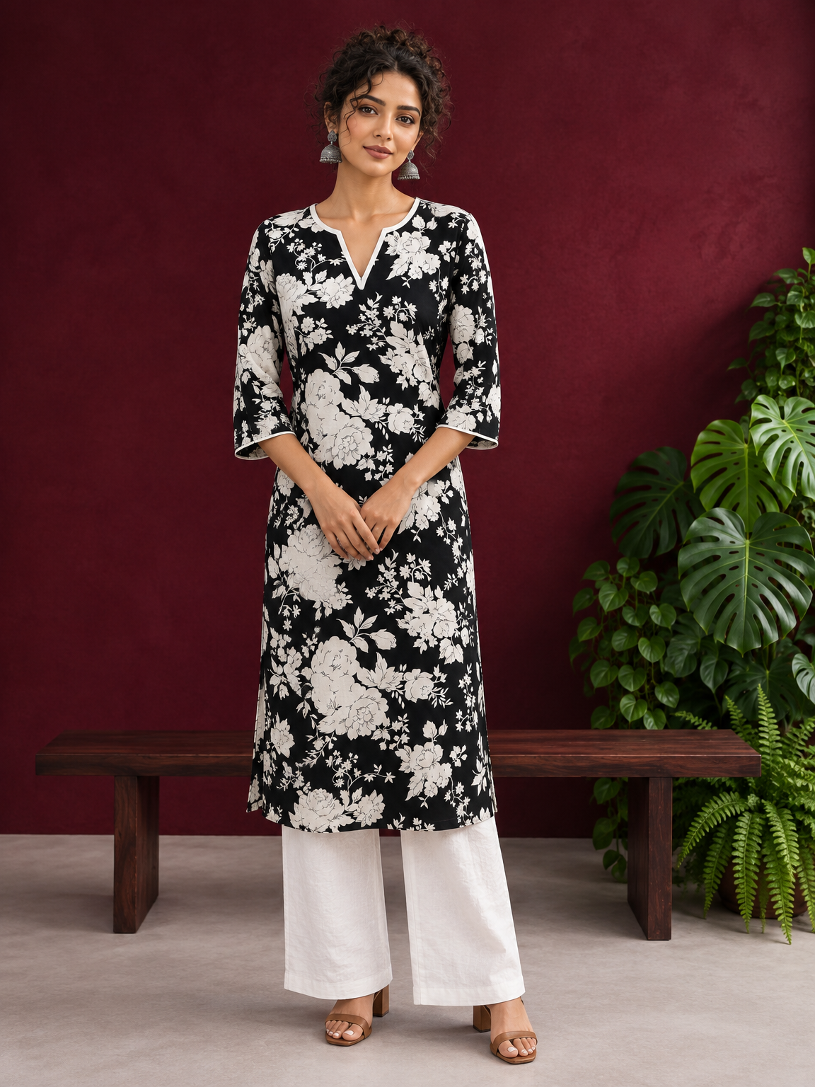 Classic Black Rayon Kurta with White Floral Print and Contrast Notched Neckline — front view — view 2