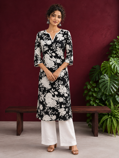 Classic Black Rayon Kurta with White Floral Print and Contrast Notched Neckline — front view