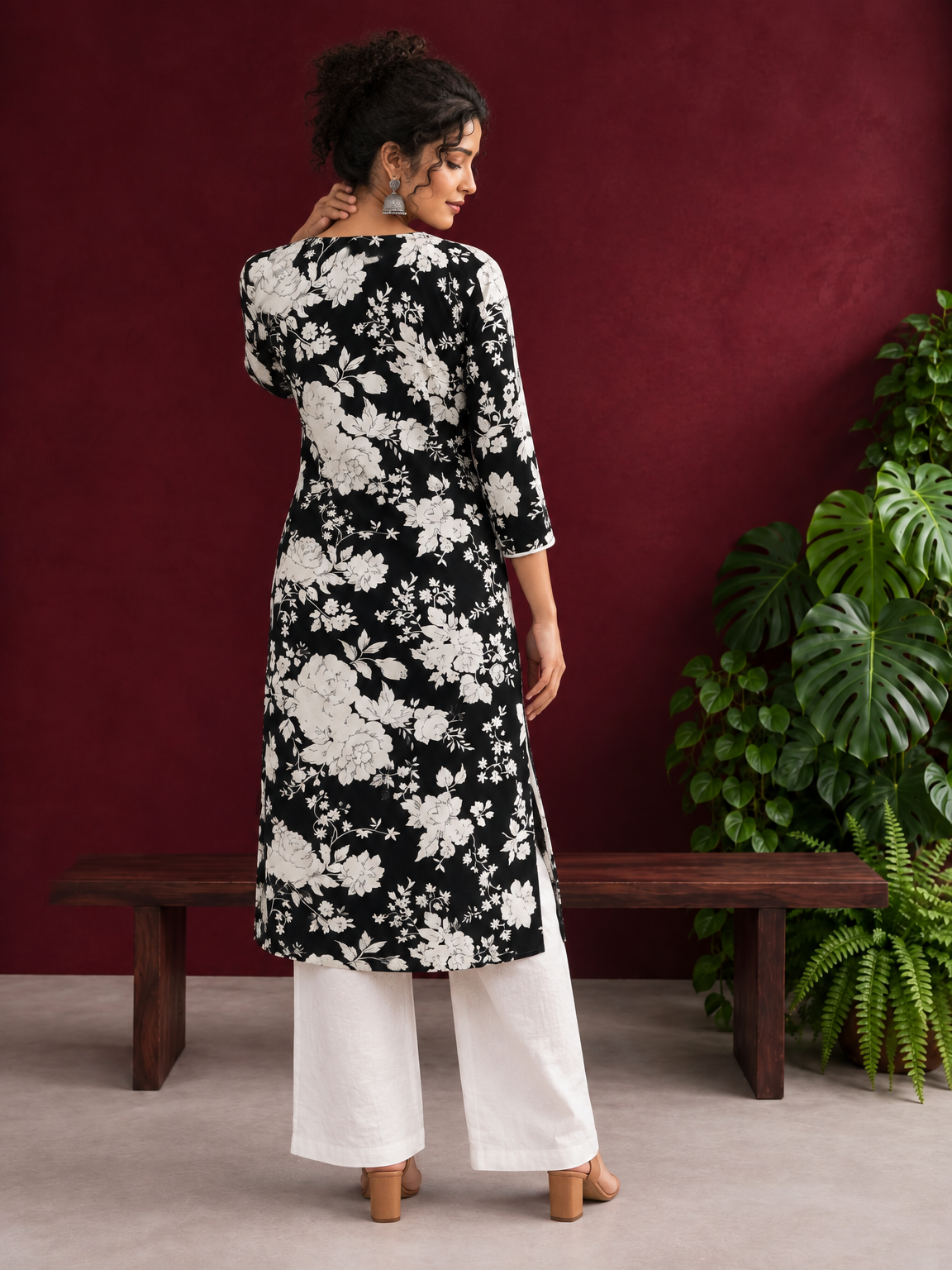 Classic Black Rayon Kurta with White Floral Print and Contrast Notched Neckline — back view — view 3