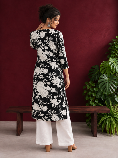 Classic Black Rayon Kurta with White Floral Print and Contrast Notched Neckline — back view