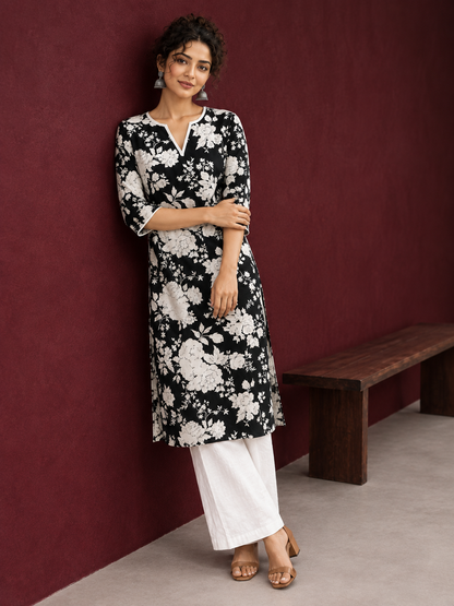 Classic Black Rayon Kurta with White Floral Print and Contrast Notched Neckline — side view