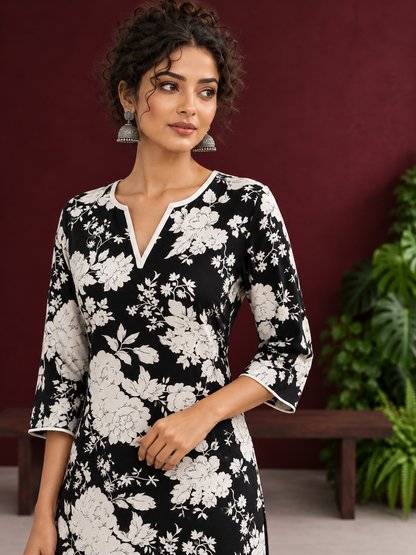 Classic Black Rayon Kurta with White Floral Print and Contrast Notched Neckline — fabric detail