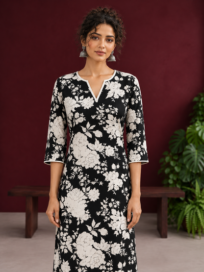 Classic Black Rayon Kurta with White Floral Print and Contrast Notched Neckline — styled view