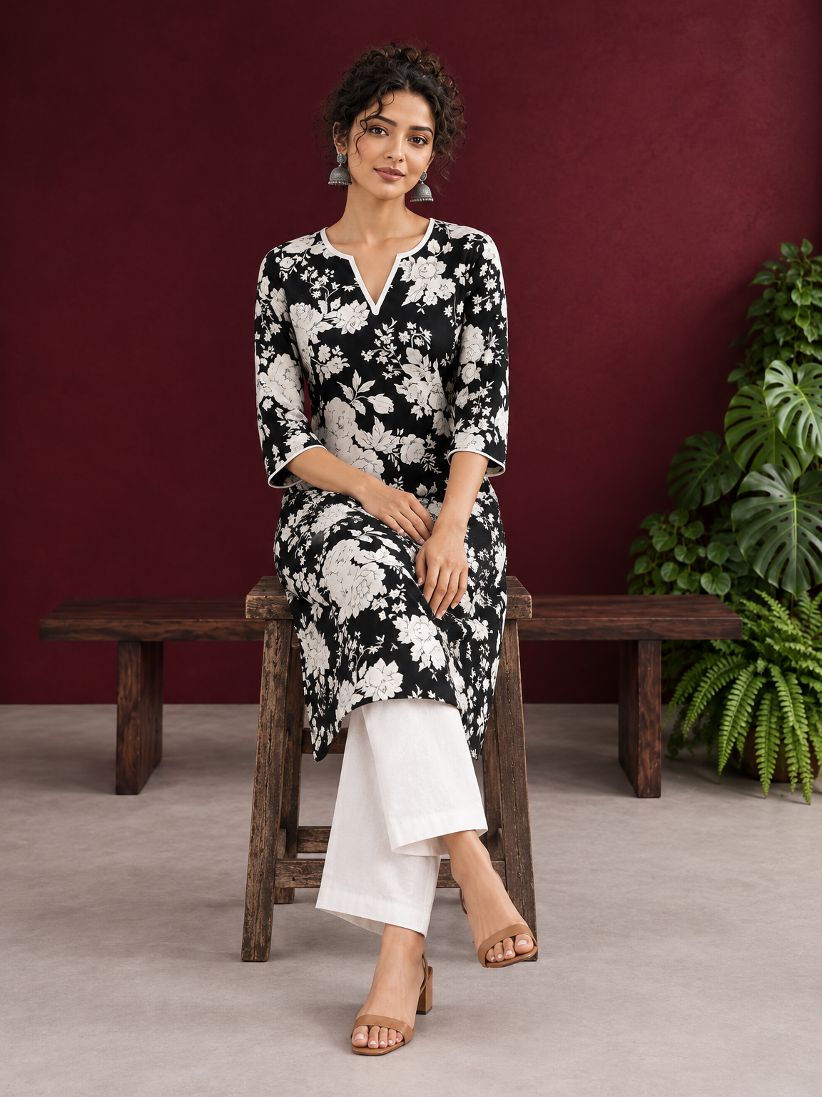 Classic Black Rayon Kurta with White Floral Print and Contrast Notched Neckline