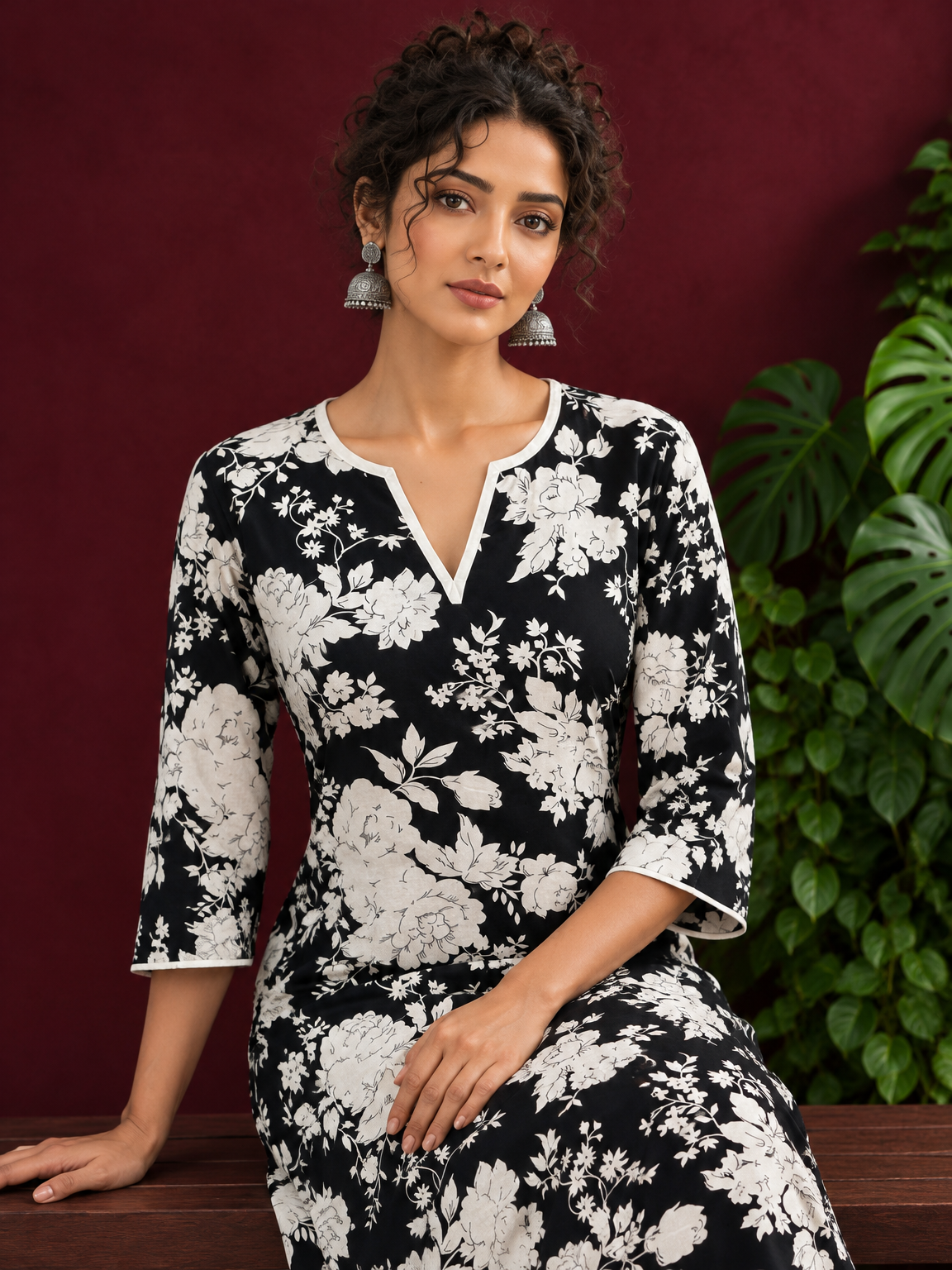 Classic Black Rayon Kurta with White Floral Print and Contrast Notched Neckline — seated detail — view 7