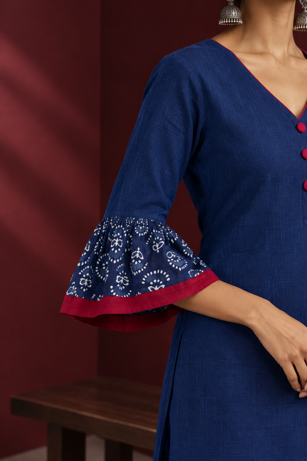 Timeless Navy Blue Cotton Kurta with V-Neck and Indigo Print Bell Sleeve Cuffs - Pant Optional