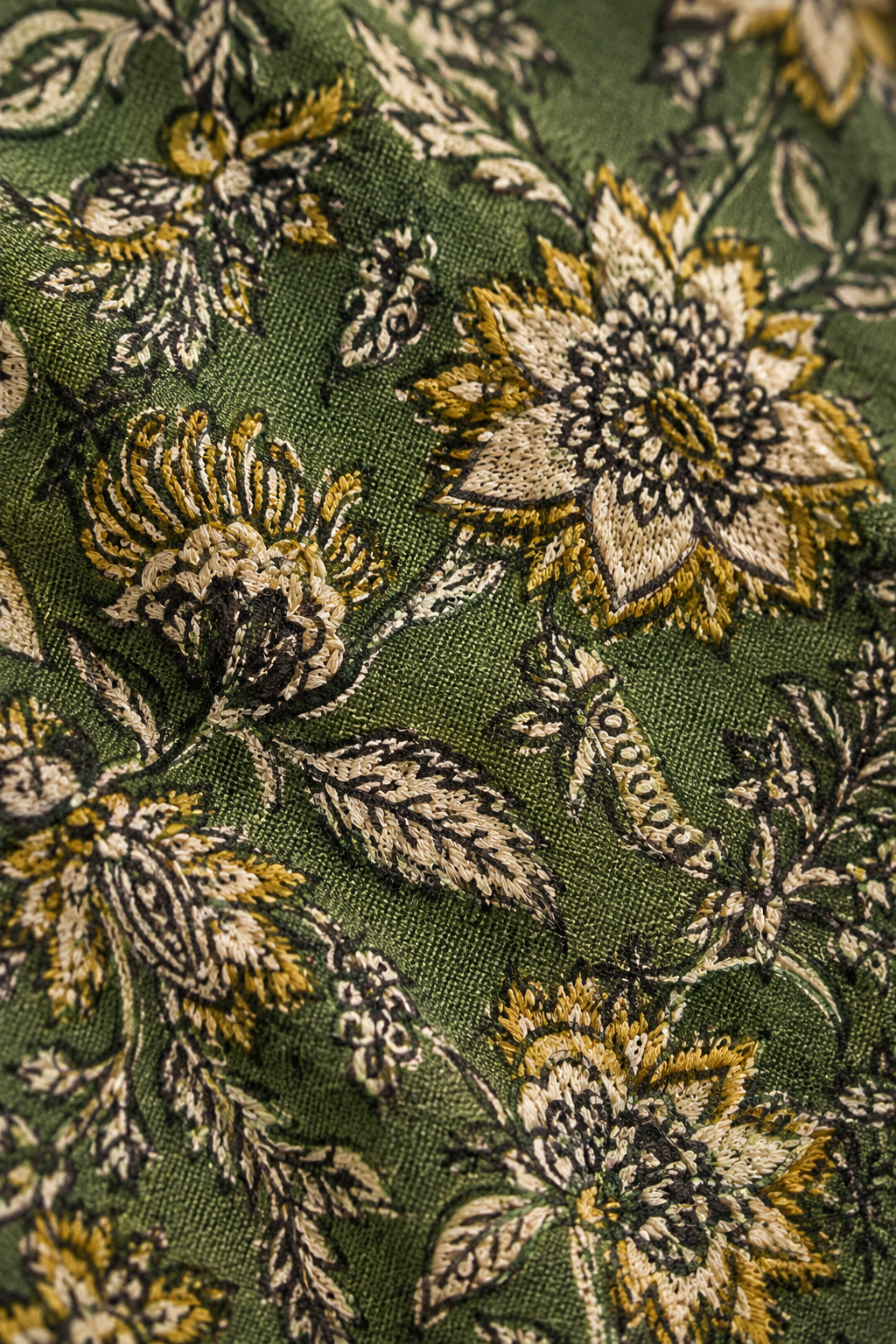 Graceful Bottle Green Cotton Kurta with Contrast Floral Printed Yoke & Matching Sleeve Cuffs - Pant Optional