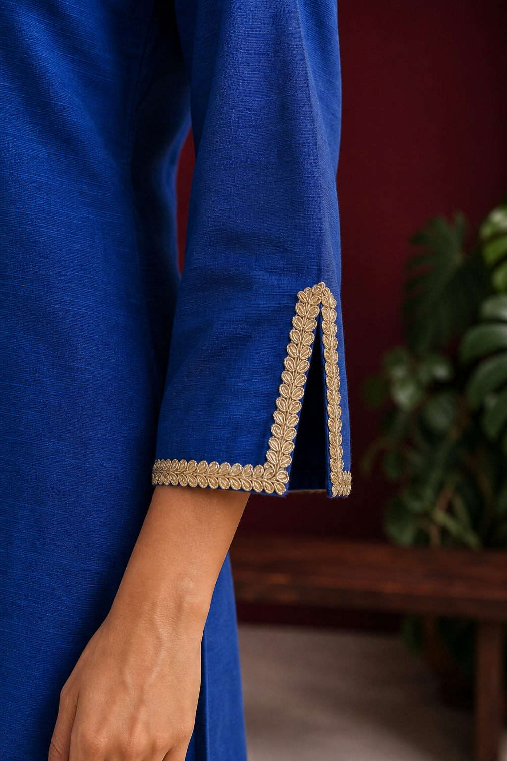 Elegant Royal Blue Cotton Kurta with Gold Lace Trim Front Placket & Coordinated Sleeve Cuffs - Pant Optional