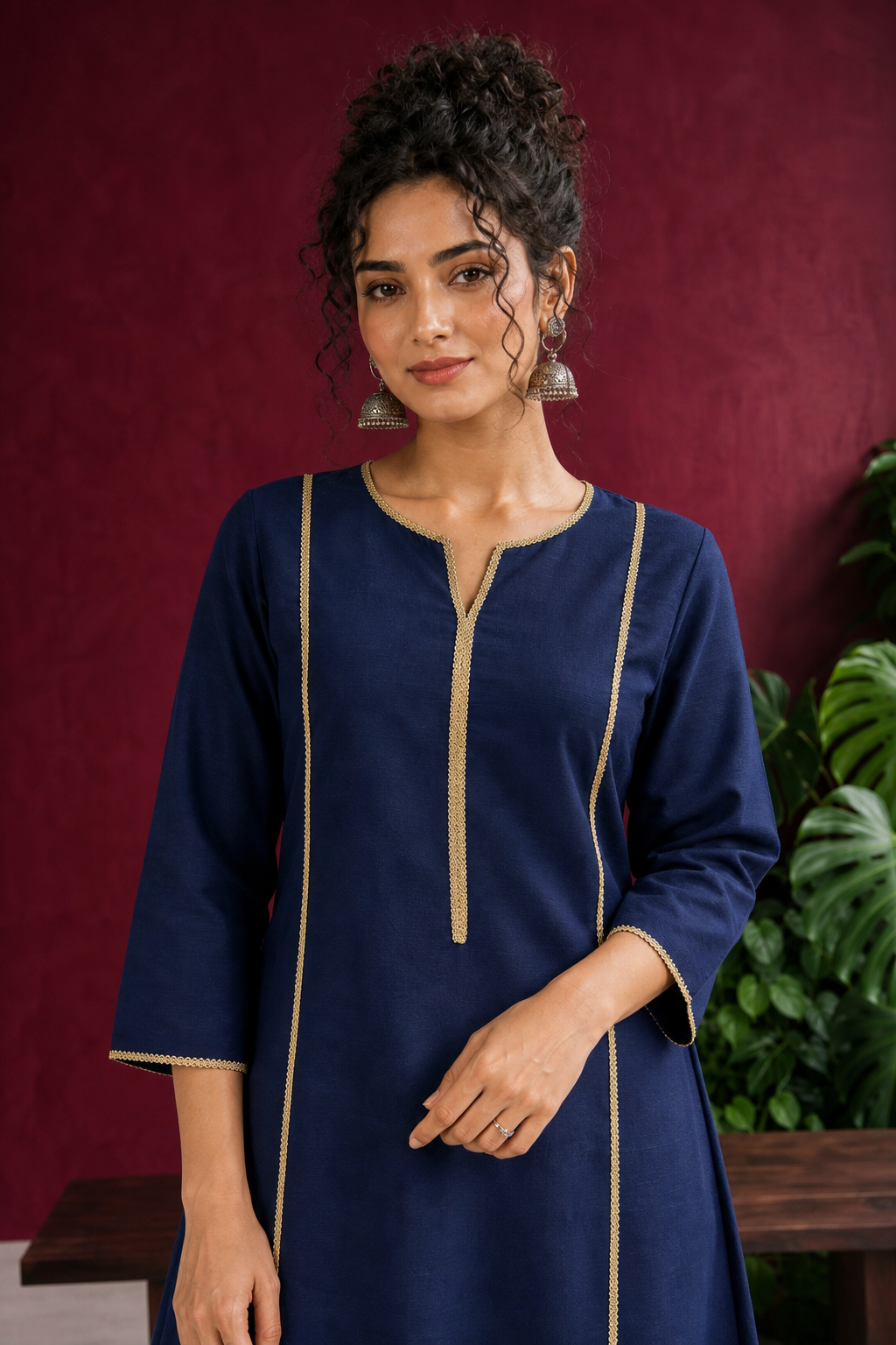 Elegant Navy Blue Cotton Silk Kurta with Gold Braided Trim Neckline and Panel Detailing - Pant Optional