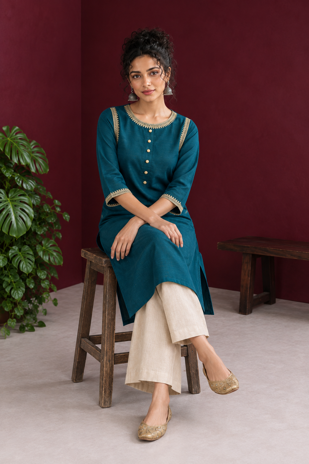 Chic Peacock Blue Cotton Silk Kurta with Gold Embellished Round Neckline and Contrast Trim Detailing - Pant Optional
