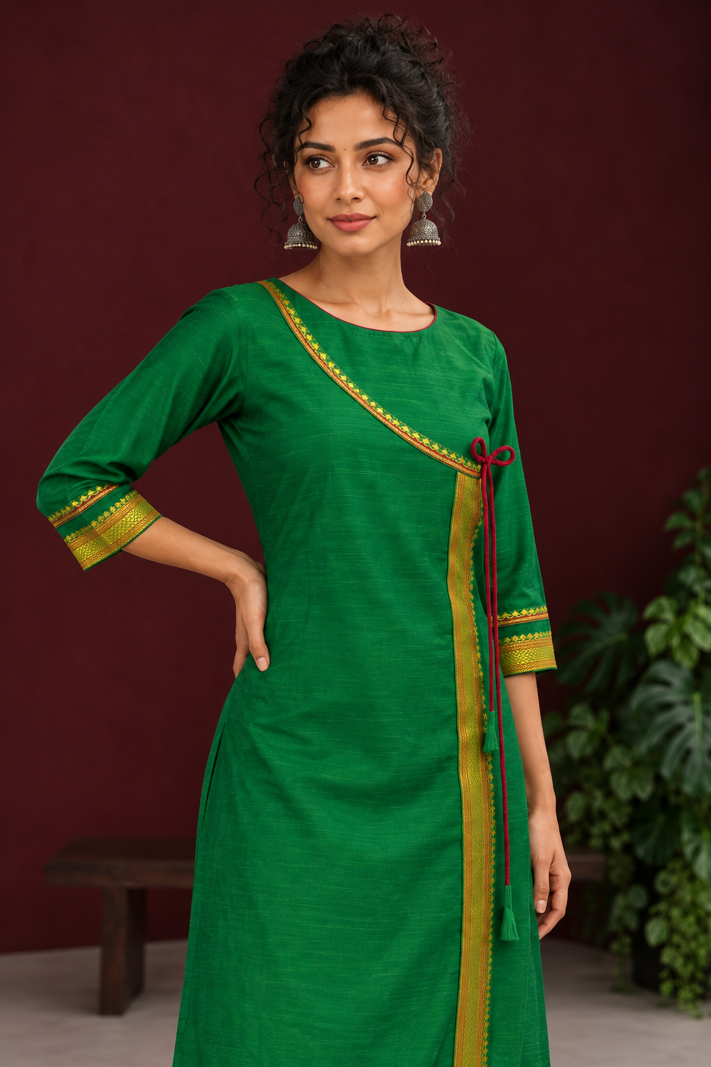Chic Green Cotton Silk Kurta with Zari Lace Embellishment  - Pant Optional