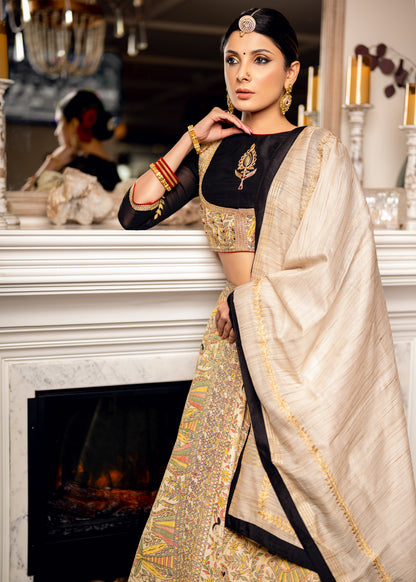 Exclusive Madhubani printed embroidered Lehenga with cotton silk dupatta