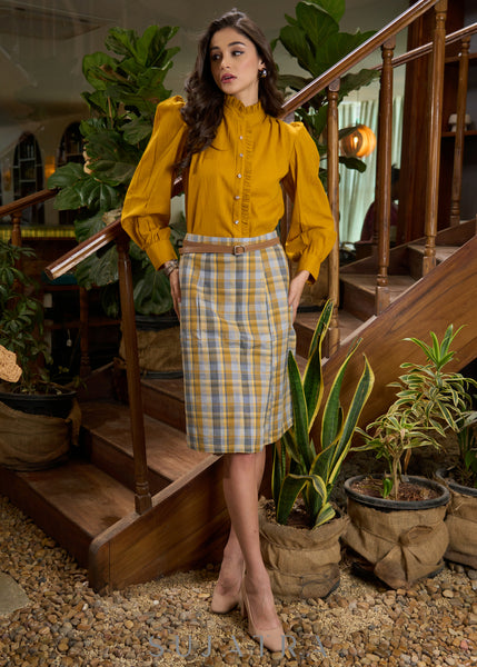 Exclusive mustard cotton shirt with frilled mandarin collar - Checkered skirt Optional