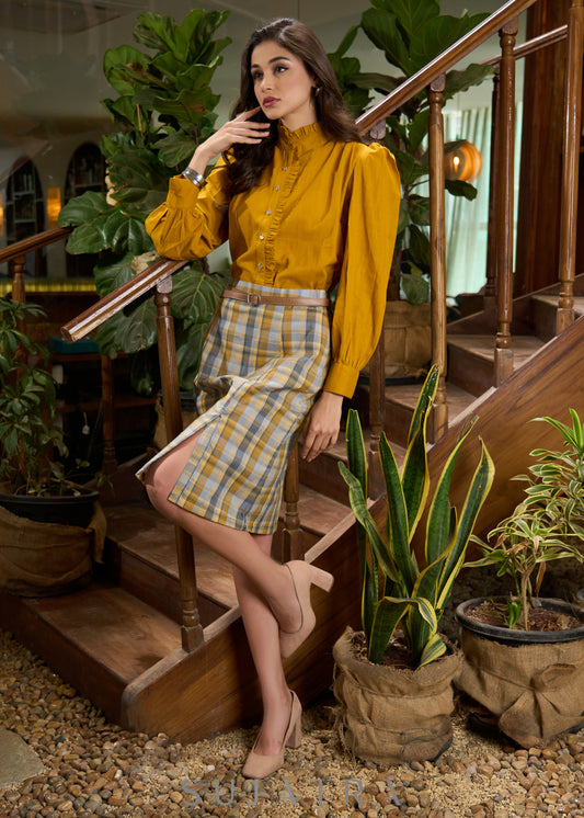 Exclusive mustard cotton shirt with frilled mandarin collar - Checkered skirt Optional