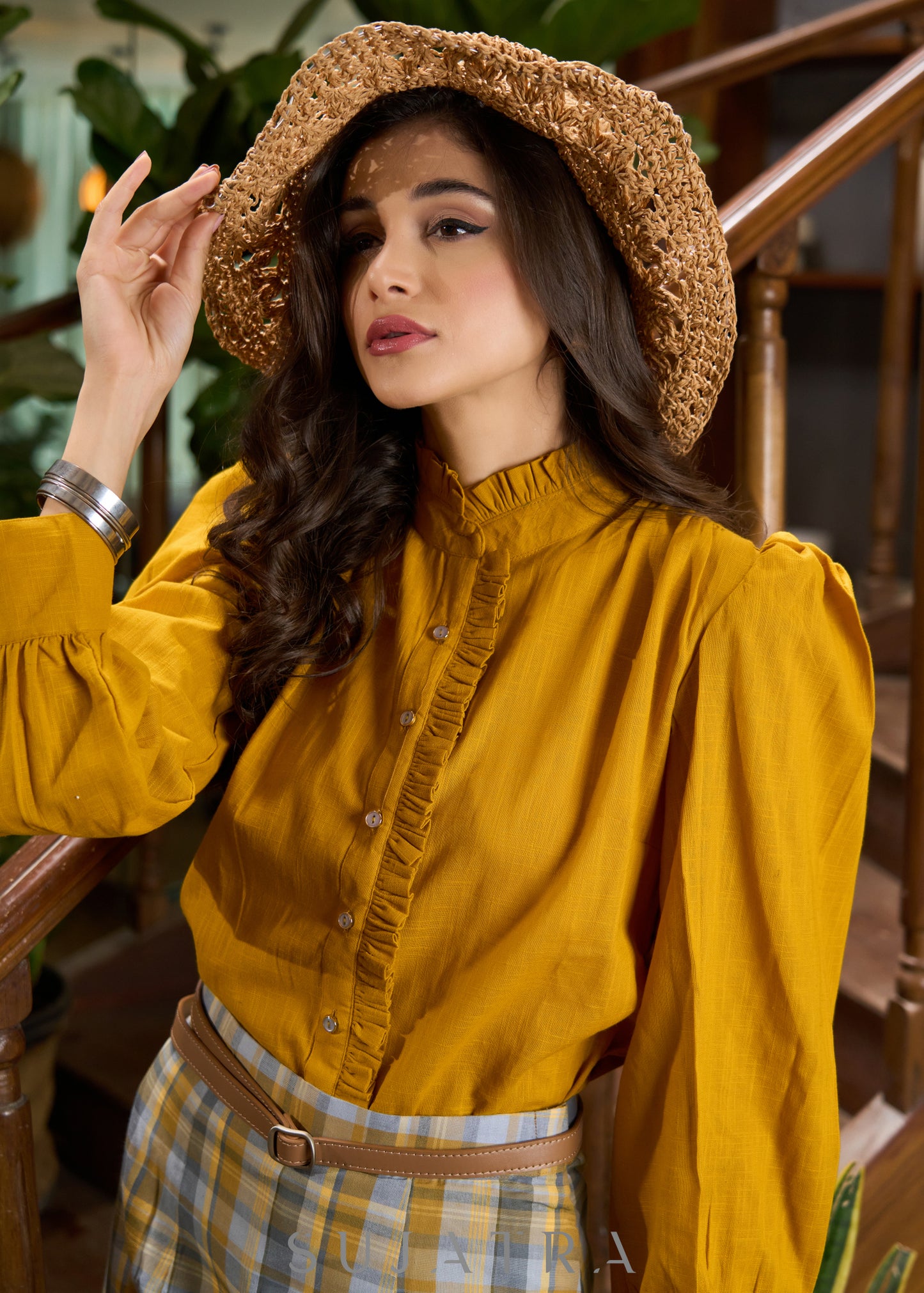 Exclusive mustard cotton shirt with frilled mandarin collar - Checkered skirt Optional