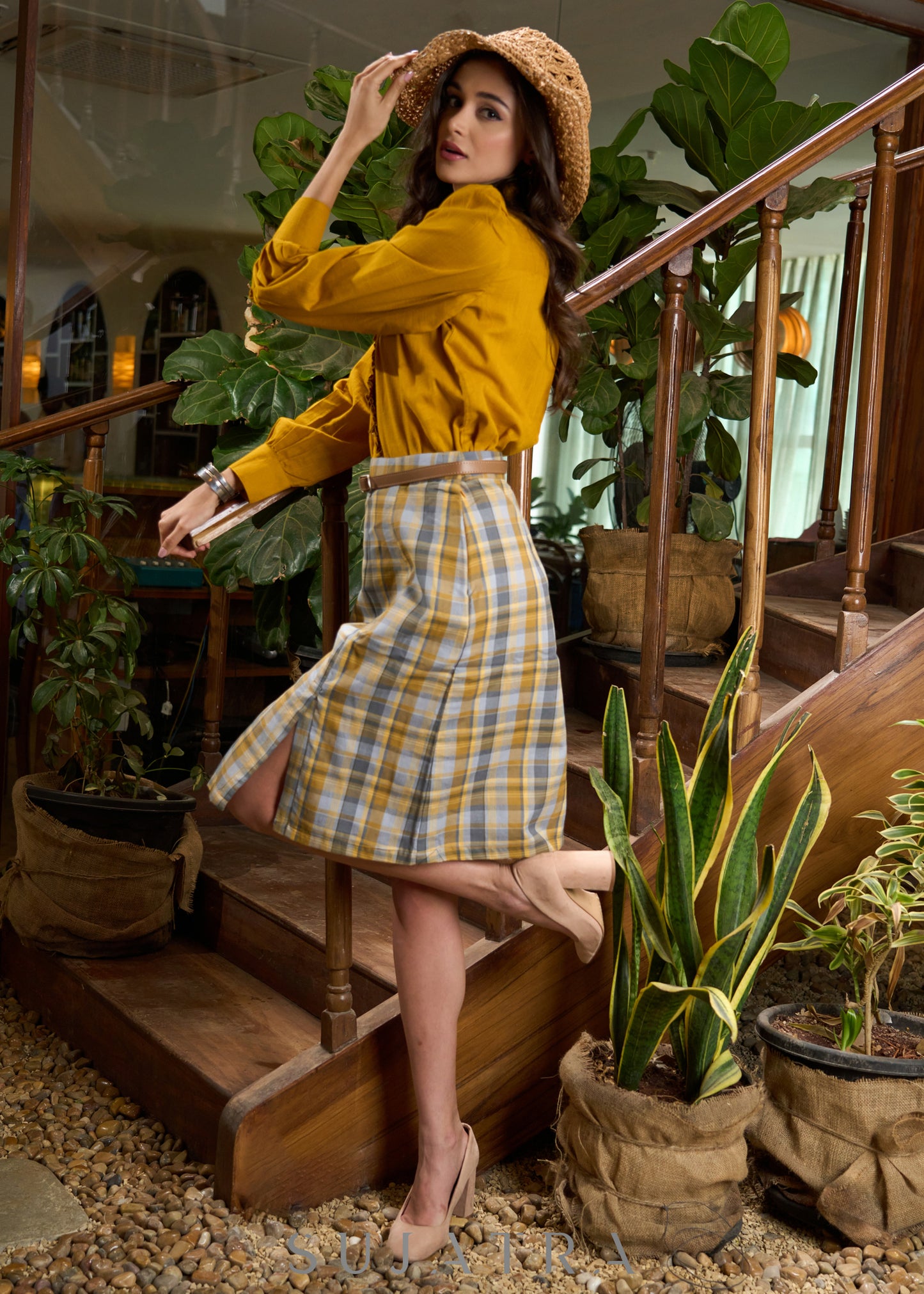 Exclusive mustard cotton shirt with frilled mandarin collar - Checkered skirt Optional