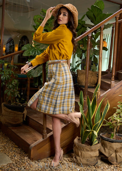 Exclusive mustard cotton shirt with frilled mandarin collar - Checkered skirt Optional