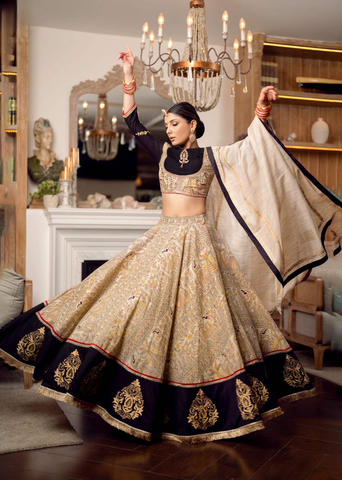 Exclusive Madhubani printed embroidered Lehenga with cotton silk dupatta - Lehenga + Blouse + Dupatta Set