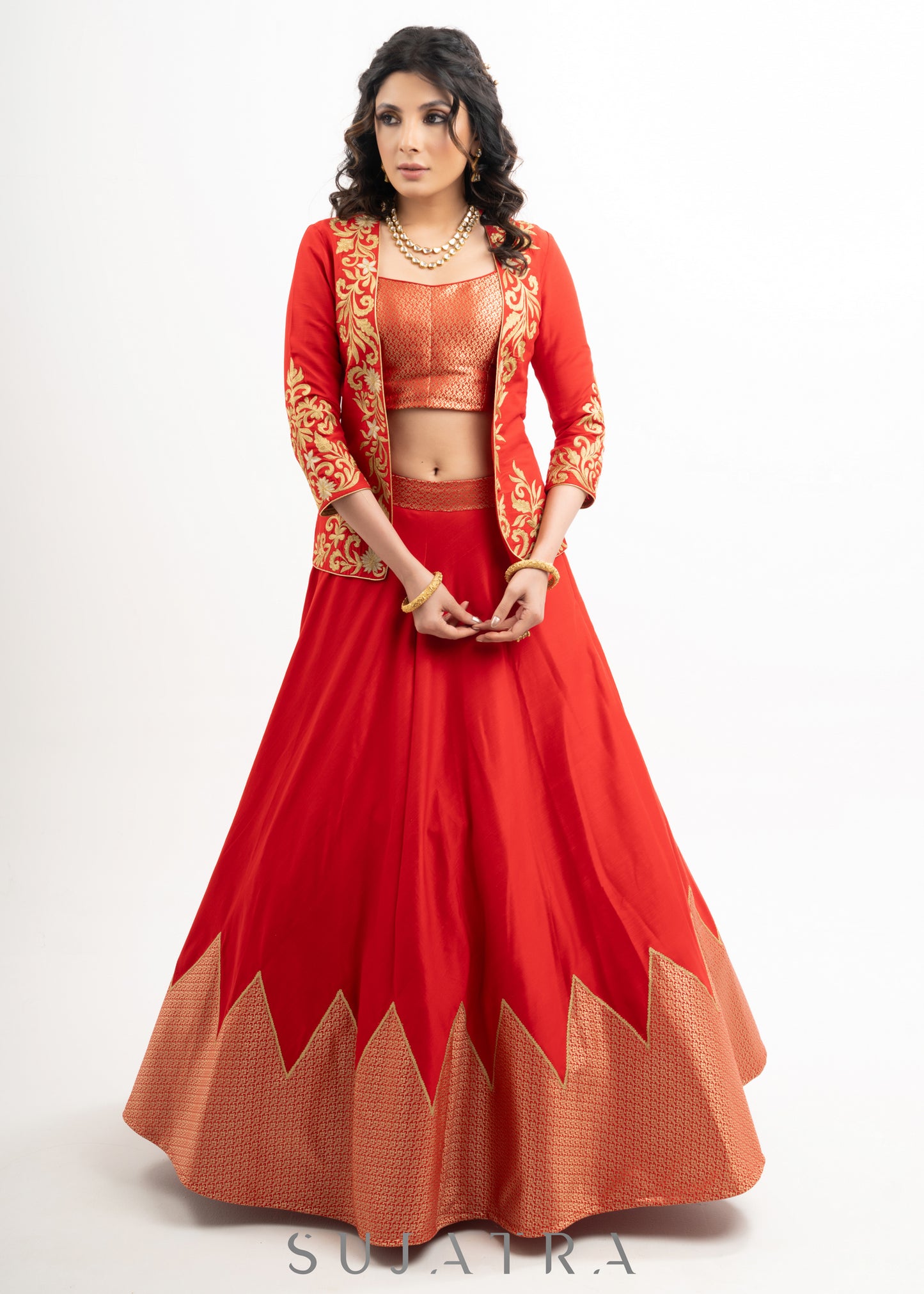 Stylish Red Cotton Silk Lehenga with Brocade Blouse & Jacket with Net Dupatta