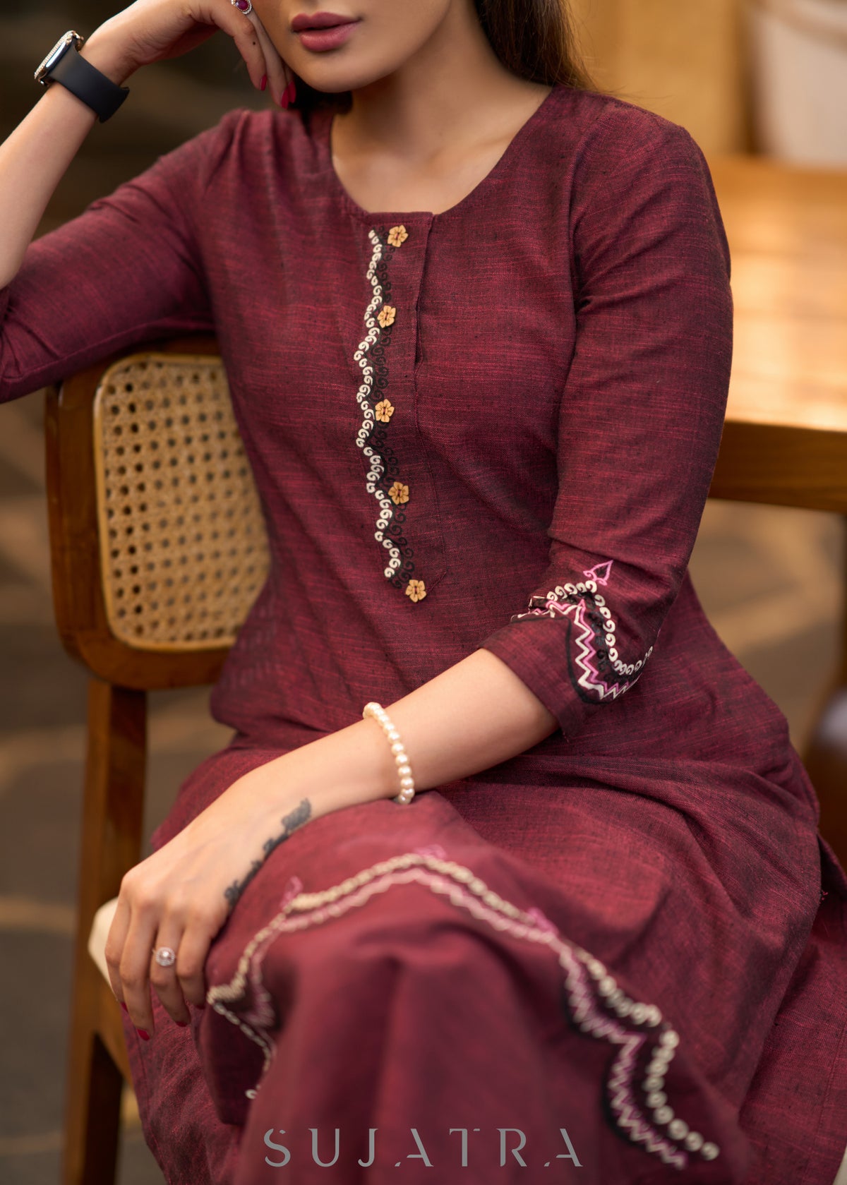 Dussehra Sale — Graceful Maroon cotton kurta with hand painting Pant optional