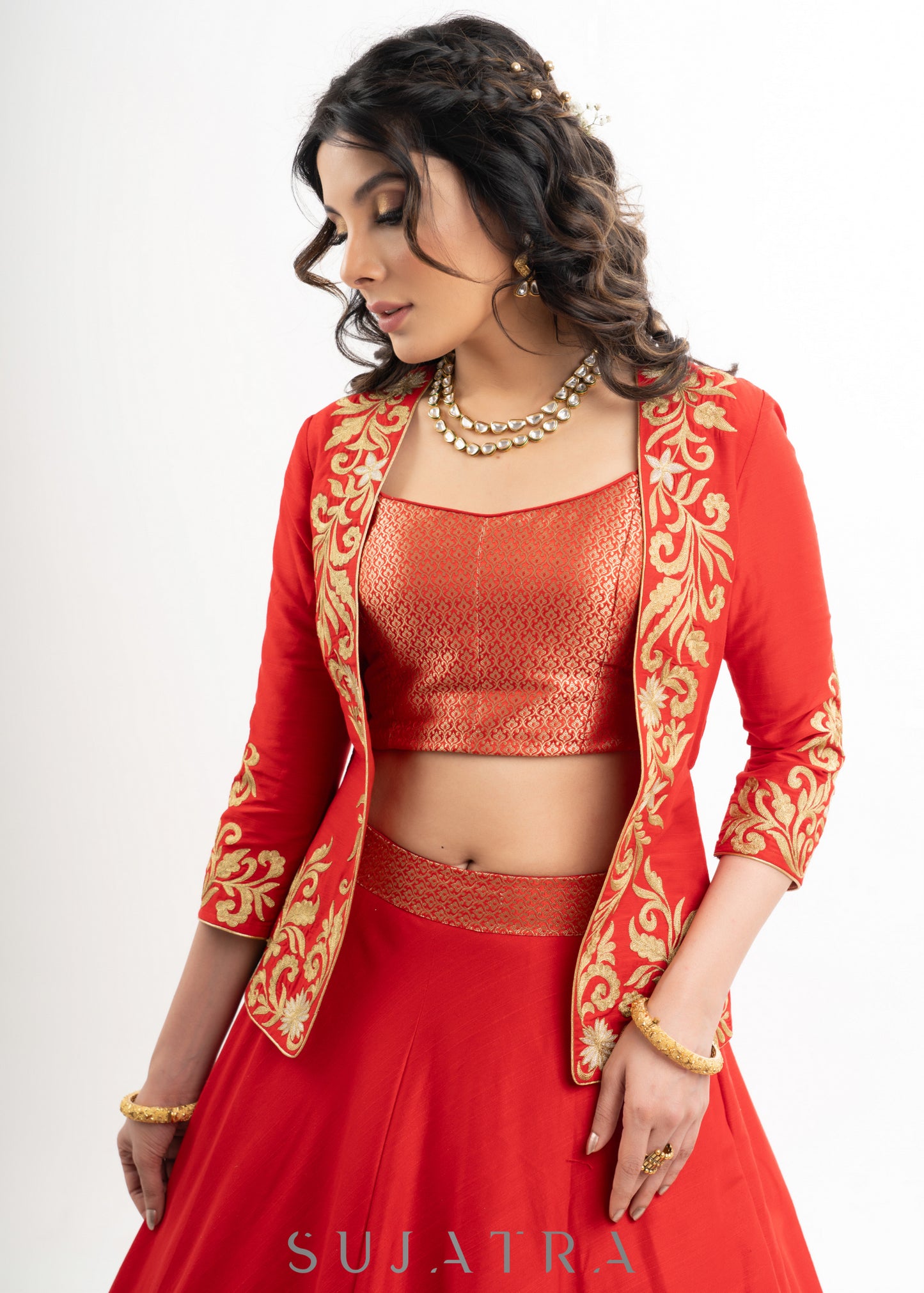 Stylish Red Cotton Silk Lehenga with Brocade Blouse & Jacket with Net Dupatta