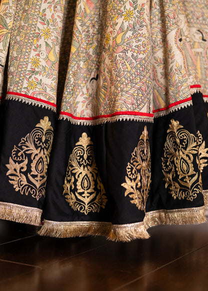 Exclusive Madhubani printed embroidered Lehenga with cotton silk dupatta