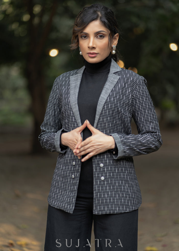 Exclusive black cotton ikat formal blazer with optional pant