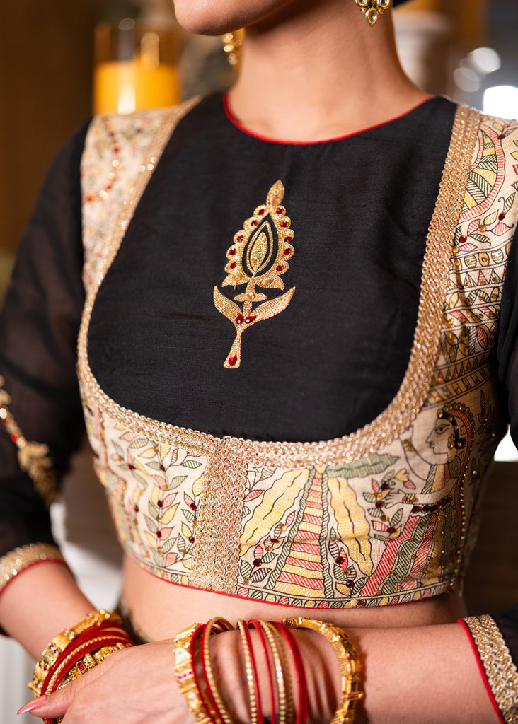 Exclusive Madhubani printed embroidered Lehenga with cotton silk dupatta