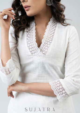 Trendy White Cotton Kurta With Delicate Laces - Pant Optional