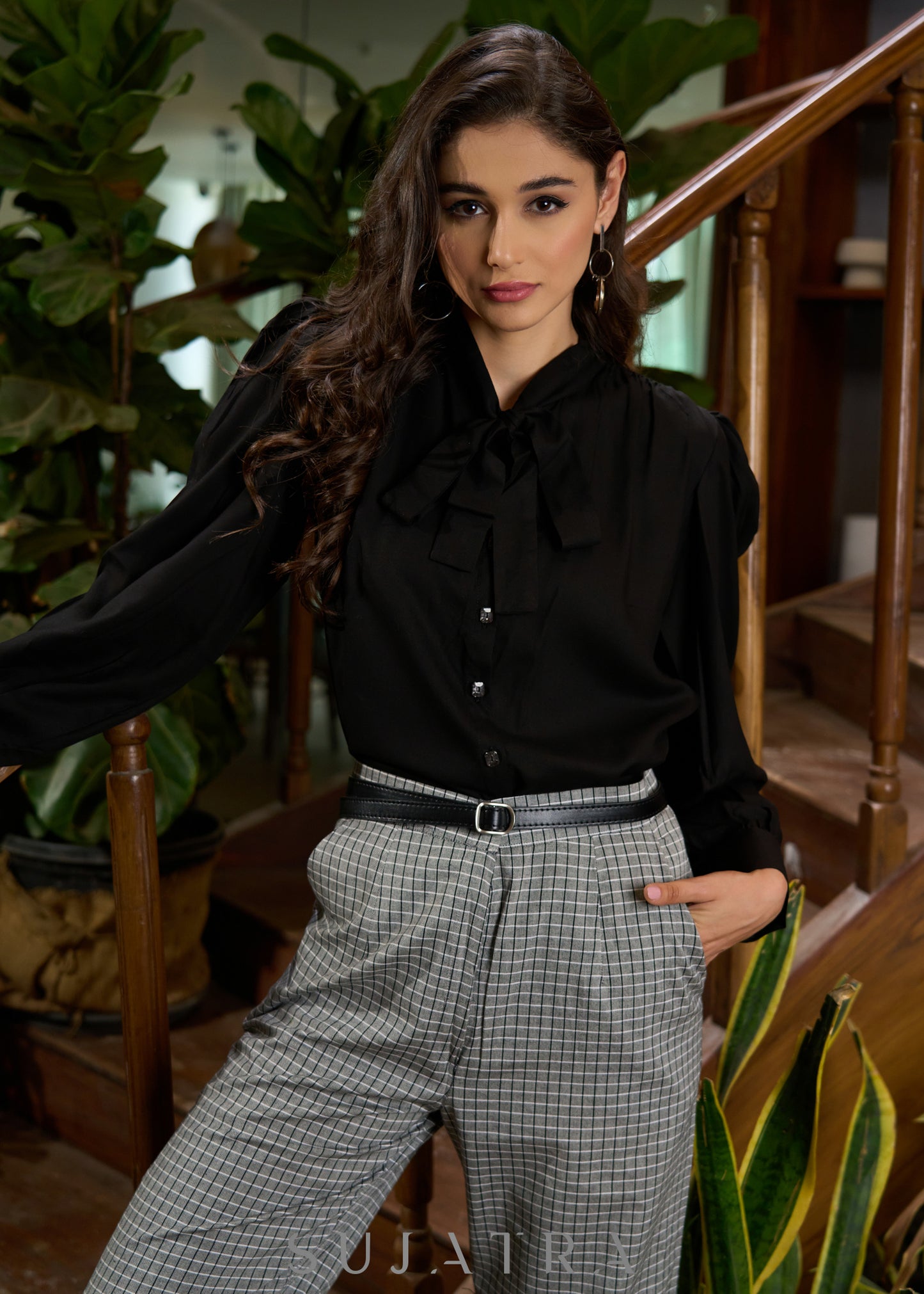 Trendy black rayon balloon sleeves tie up shirt - Grey checks pant -Optional