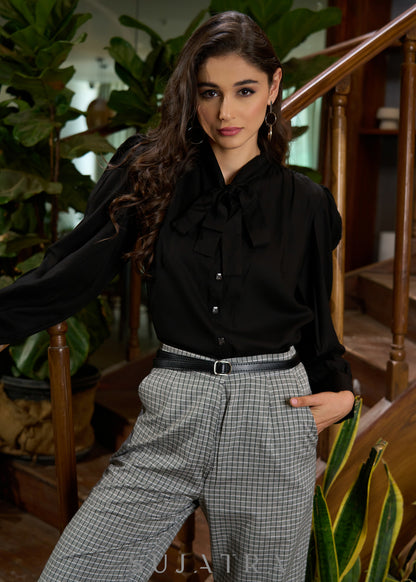 Trendy black rayon balloon sleeves tie up shirt - Grey checks pant -Optional