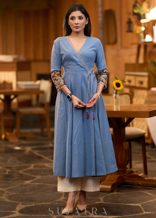 Elegant Powder blue cotton kurta with kalamkari detaling Pant optional