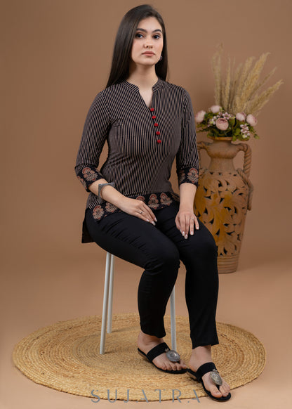 Black cotton Ajrakh combination top