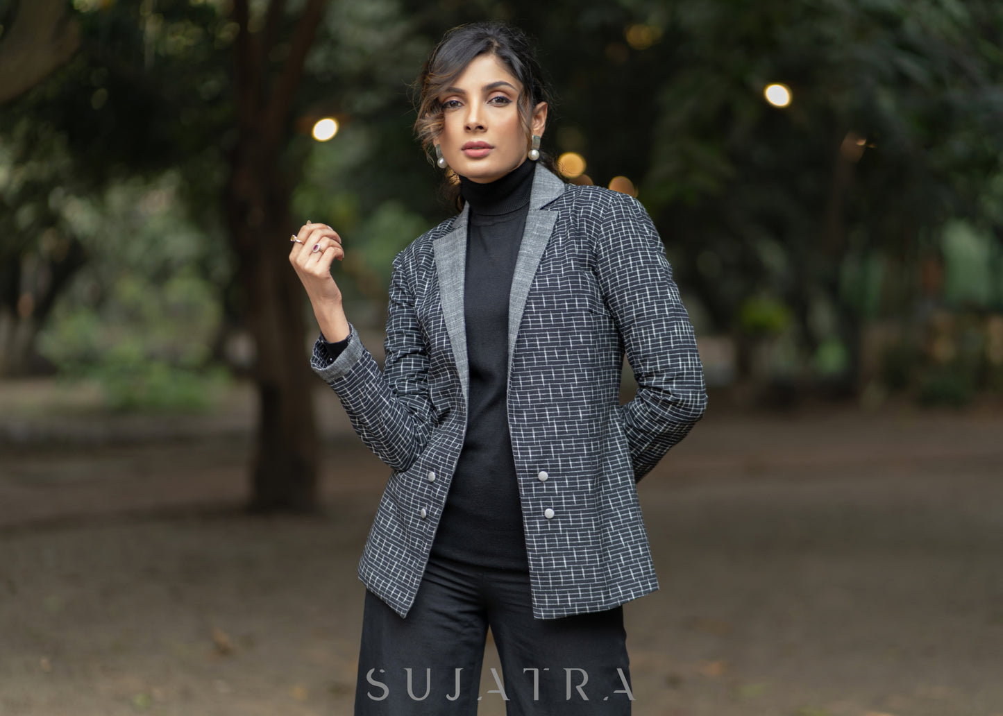 Exclusive black cotton ikat formal blazer