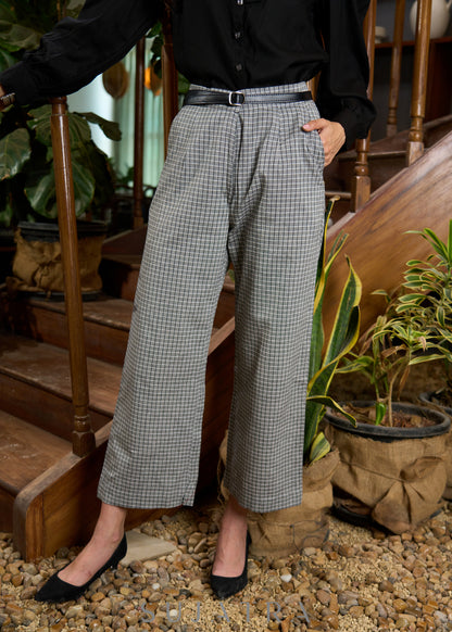 Trendy black rayon balloon sleeves tie up shirt - Grey checks pant -Optional