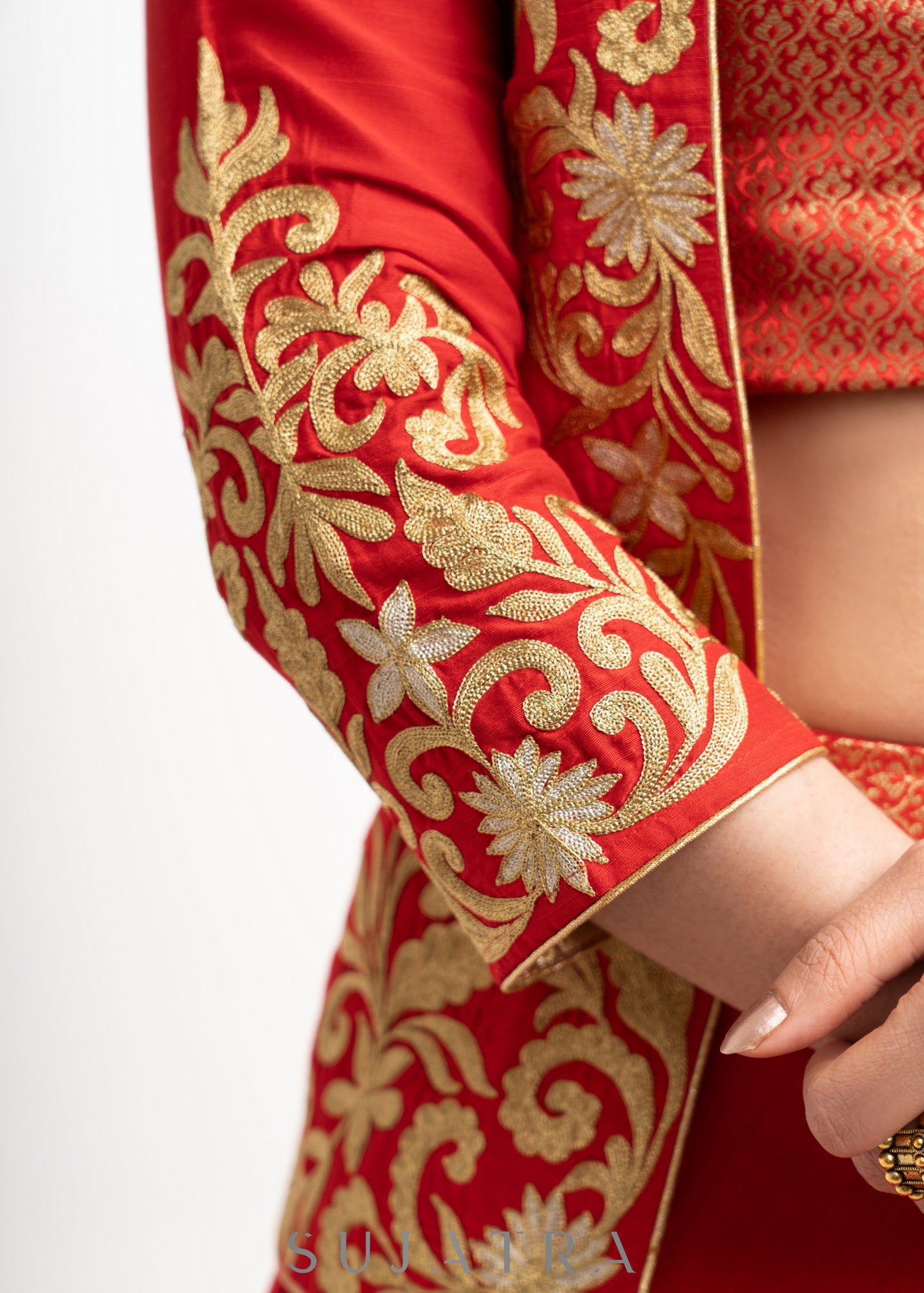 Stylish Red Cotton Silk Lehenga with Brocade Blouse & Jacket with Net Dupatta