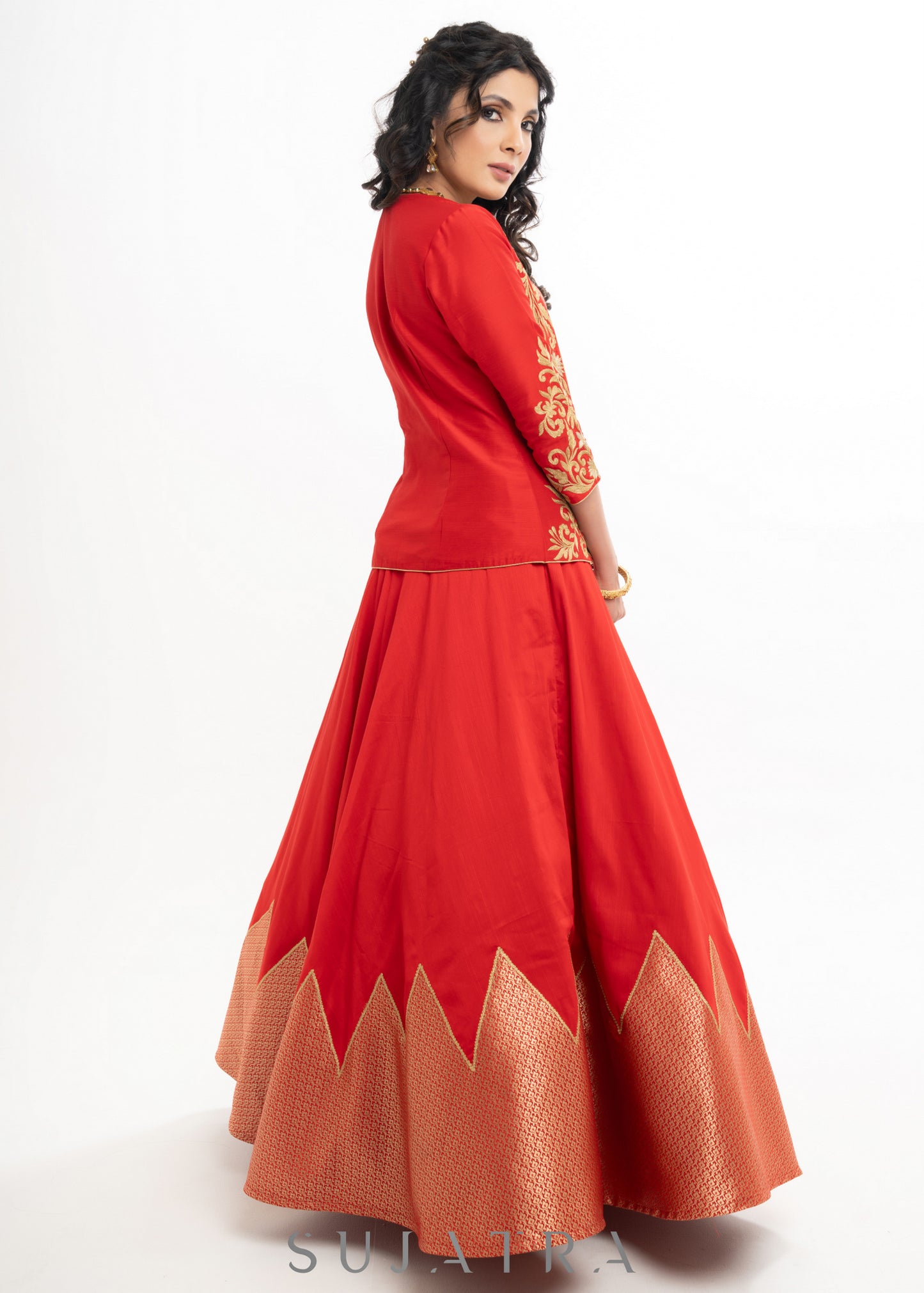Stylish Red Cotton Silk Lehenga with Brocade Blouse & Jacket with Net Dupatta