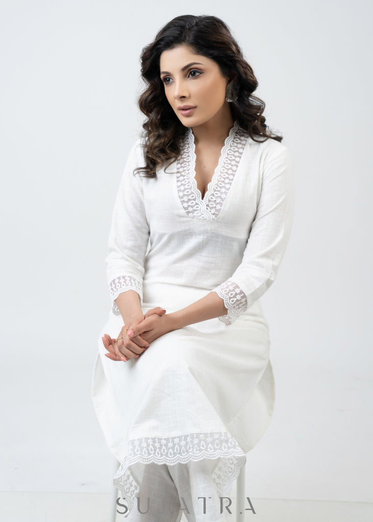 Trendy White Cotton Kurta With Delicate Laces - Pant Optional
