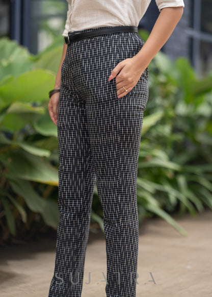 Stylish Black Ikat Narrow Fit Pant White Cotton Shirt Optional